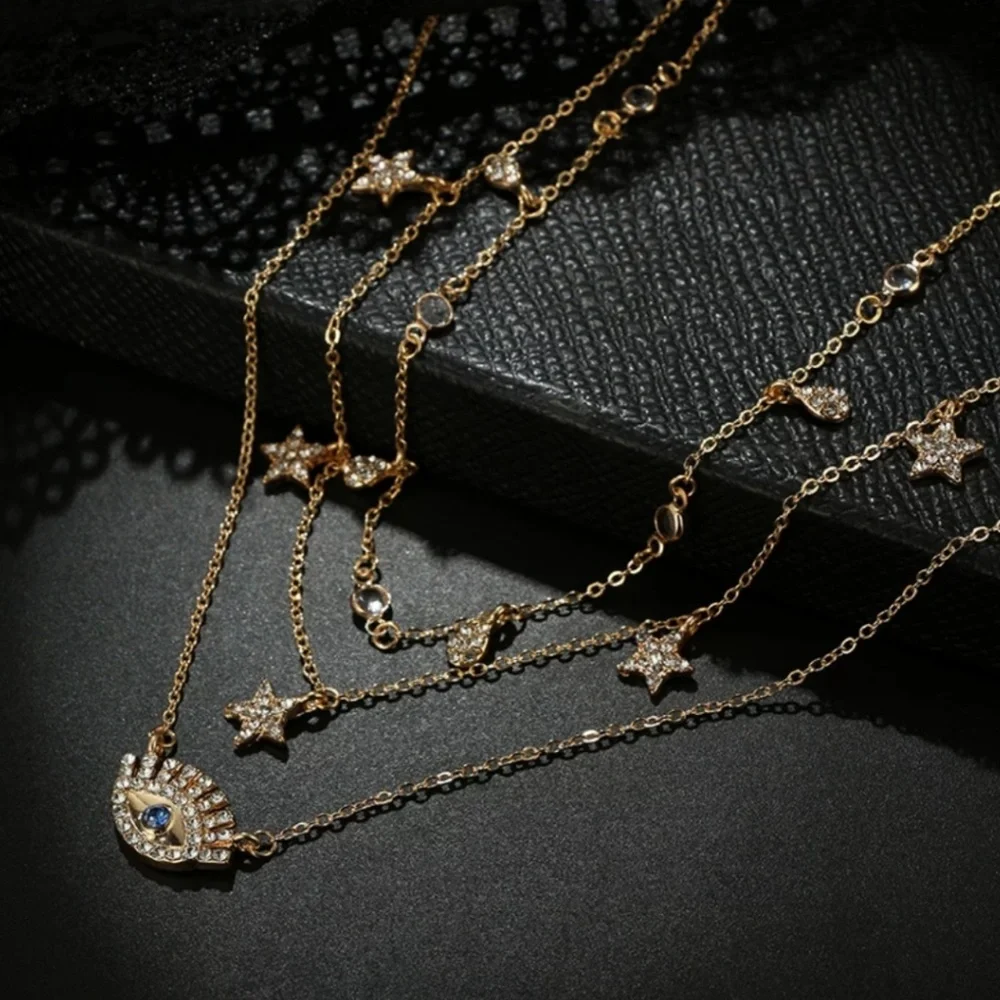 Gold Rhinestone Evil Eye Chain Necklace